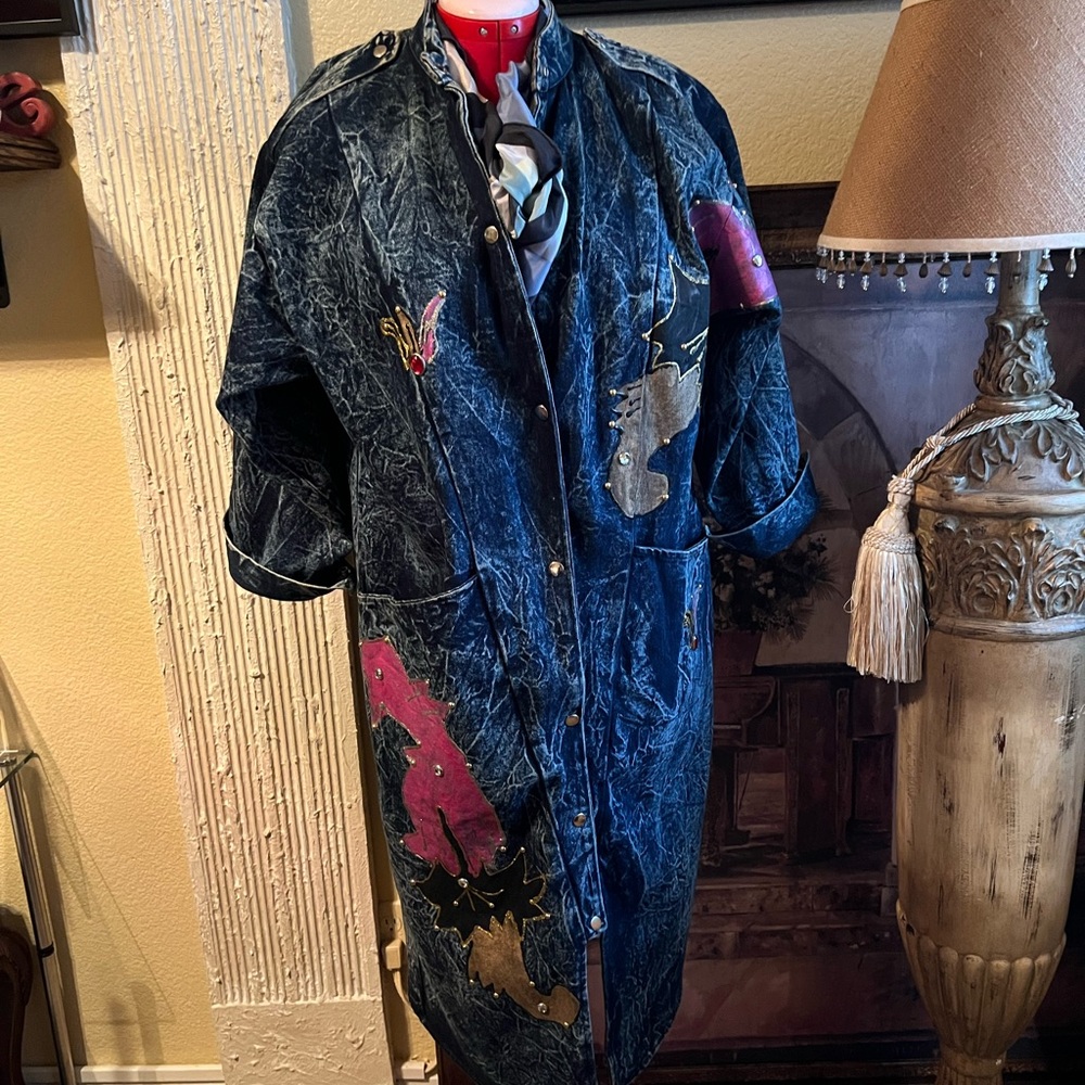 Vintage Christie Stone Wash Denim w/Painted abstract Art Long  Coat